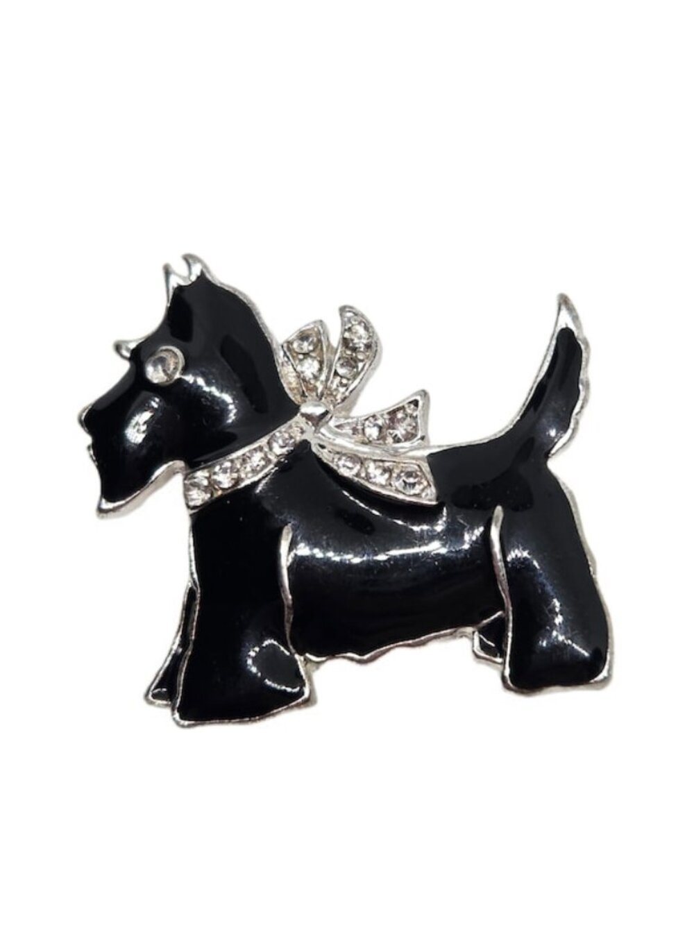 Vintage 70s Scottie Dog Brooch (Black Enamel & Rhinestone)